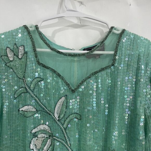 Vtg Royal Feelings Sz M Blouse Sequin Beaded Floral Top Sea Foam Green Cruise - Picture 2 of 13
